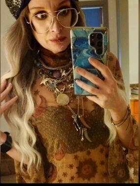 RARE! Free People Sun Moon & Stars Beaded Sheer Top Stretch xs